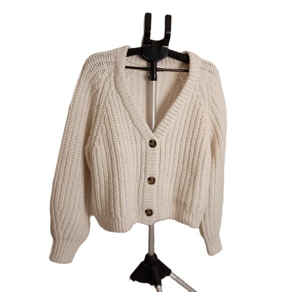 H&M Cream Chunky Knit Cropped Cardigan Sweater Women’s L Cozy Cottagecore - Picture 2 of 16